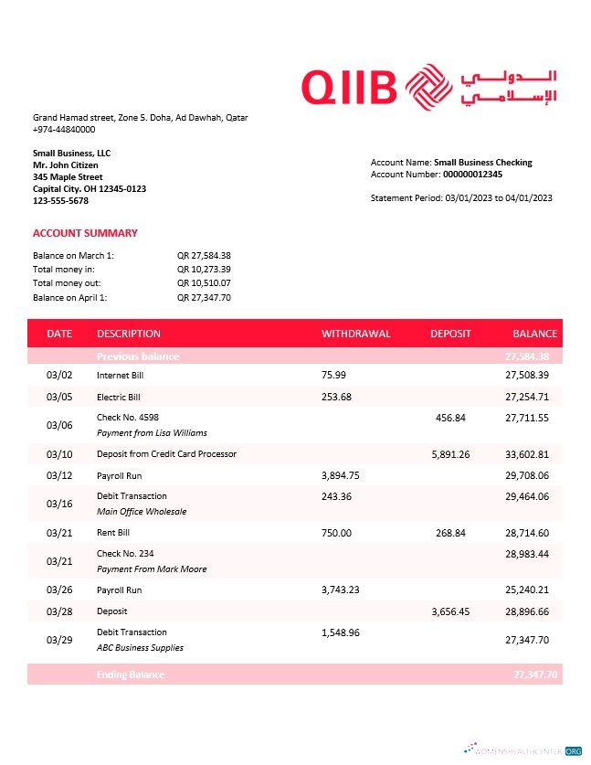 Download QIIB firm account statement Word and PDF template Photoshop template